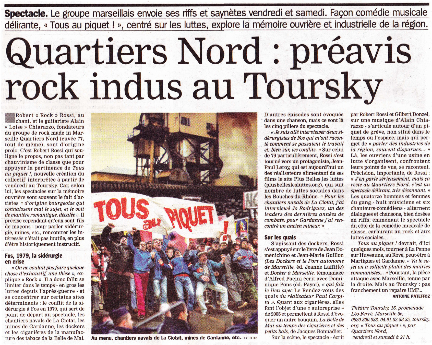 Quartiers Nord, spectacle Tous au piquet ! Presse, La Marseillaise 9 janvier 2014
