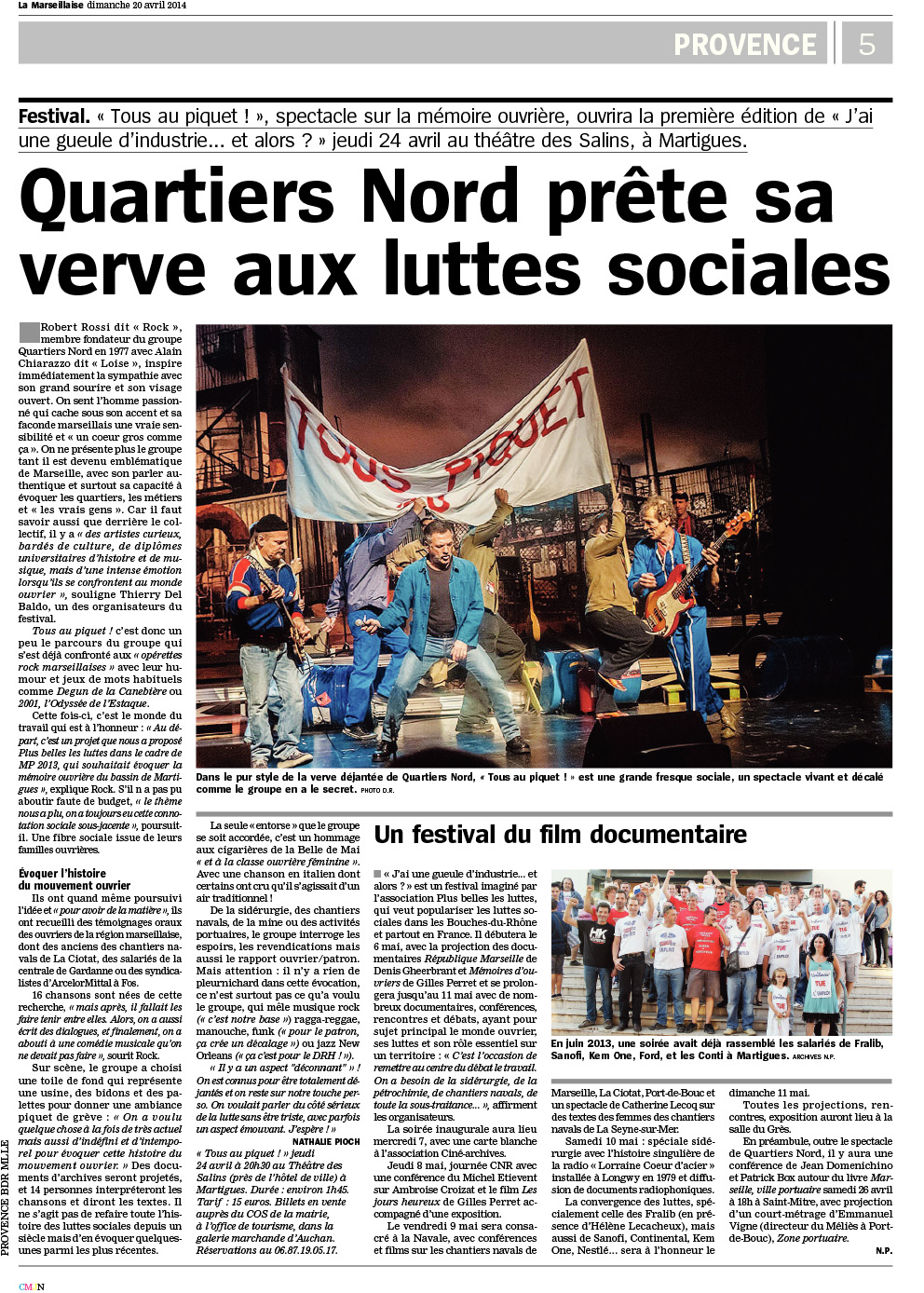 Quartiers Nord, spectacle Tous au piquet ! Presse, La Marseillaise 20 avril 2014